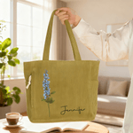 Personalized Birth Flower Corduroy Large Capacity Tote Bag with Name Daily Use Birthday Gift for Women