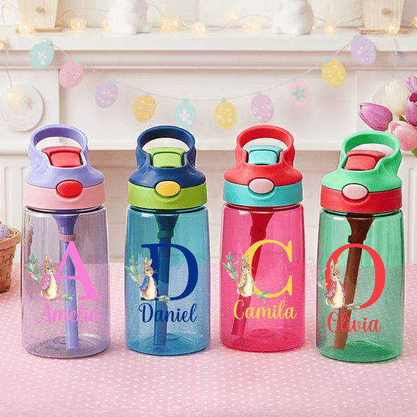 Personalized Cute Peter Rabbit Initial 16 oz Kid Water Bottle with Name and Silicone Straw Outdoors Birthday Easter Gift for Kids
