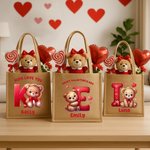 Personalized Cute Bear Heart Jute Tote Bag with Name and Initial Daily Use Valentine's Day Gift for Kids Children