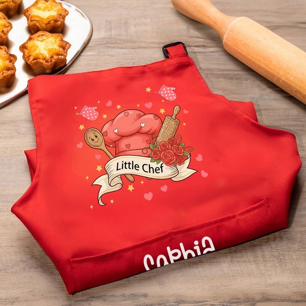 Henkilökohtainen Little Chef Säädettävä Kid Esiliina Chef Hat Set nimi ja Pocket Cooking Accessory Syntymäpäivä Ystävänpäivä lahja pojille Tytöt