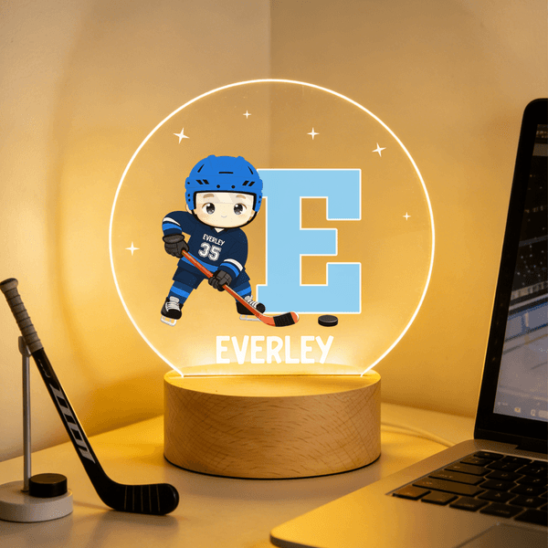 Veilleuse LED personnalisée avec initiales du nom et base en bois pour joueur de hockey sur glace Cadeau d'anniversaire pour les amoureux des joueurs de hockey