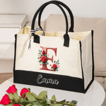 Personalized Large Capacity Red Rose Initial Canvas Tote Bag with Name Travel Essentials Valentine's Day Birthday Gift for Women