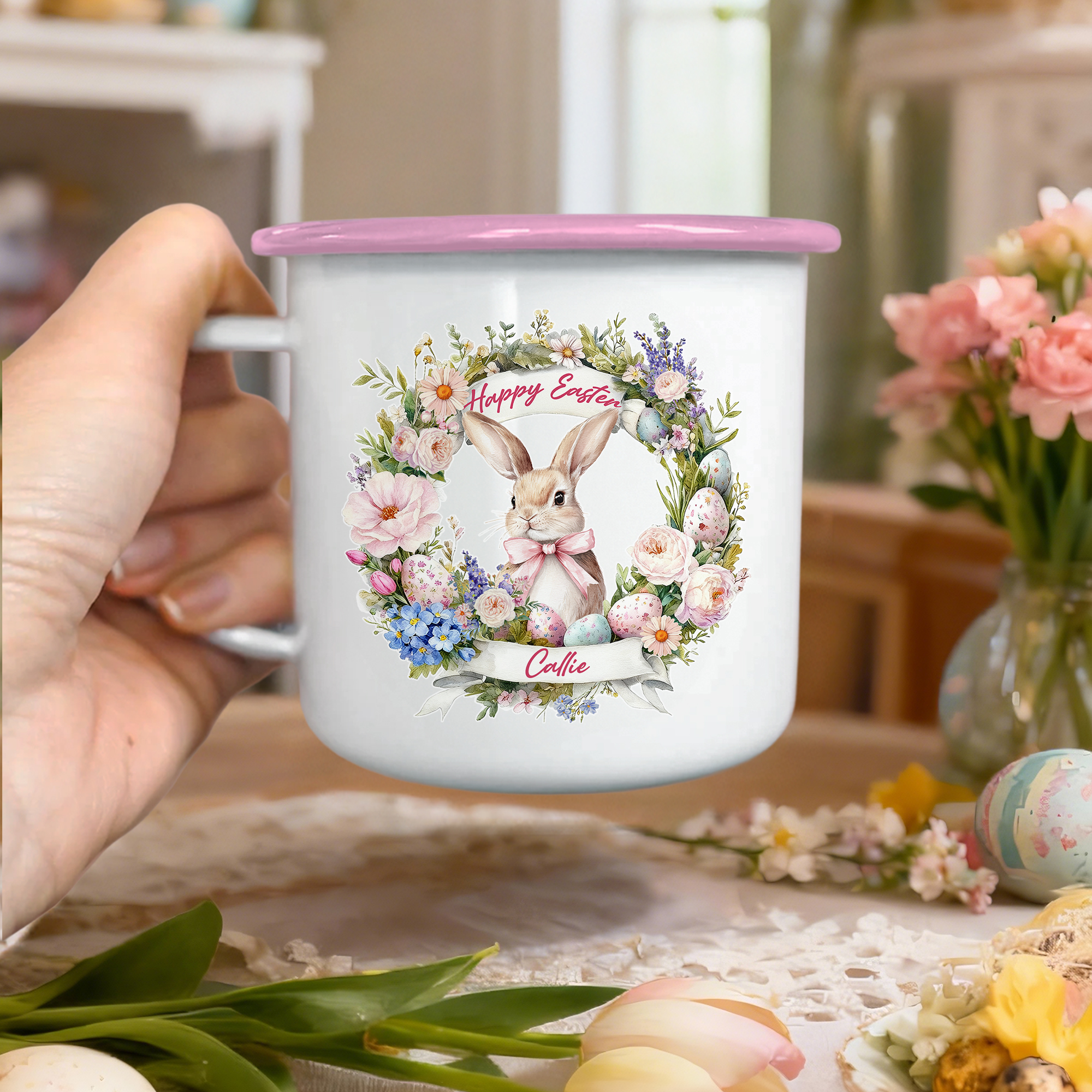 Tasse émaillée personnalisée Happy Easter Cute Wreath Egg Bunny 12 oz avec nom Cadeau d'anniversaire de Pâques pour les enfants