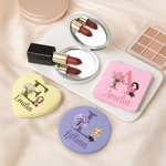 Personalized Birth Flower Cartoon Character PU Leather Round Heart  Square Makeup Mirror with Name Birthday Anniversary Gift for Women