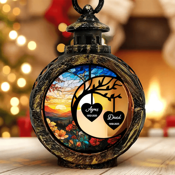 Personalized Stained Glass Style Moon Heart Flameless Candle Ornament with 1-3 Names and Years Home Decor Christmas Gift for Family