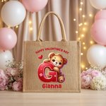 Personalized Cute Bear Heart Jute Tote Bag with Name and Initial Daily Use Valentine's Day Gift for Kids Children