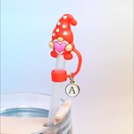 Personalized Gnome Heart Reusable Straw Topper with Initial Charm Accessory for Stanley Tumbler Valentine's Day Gift for Couple