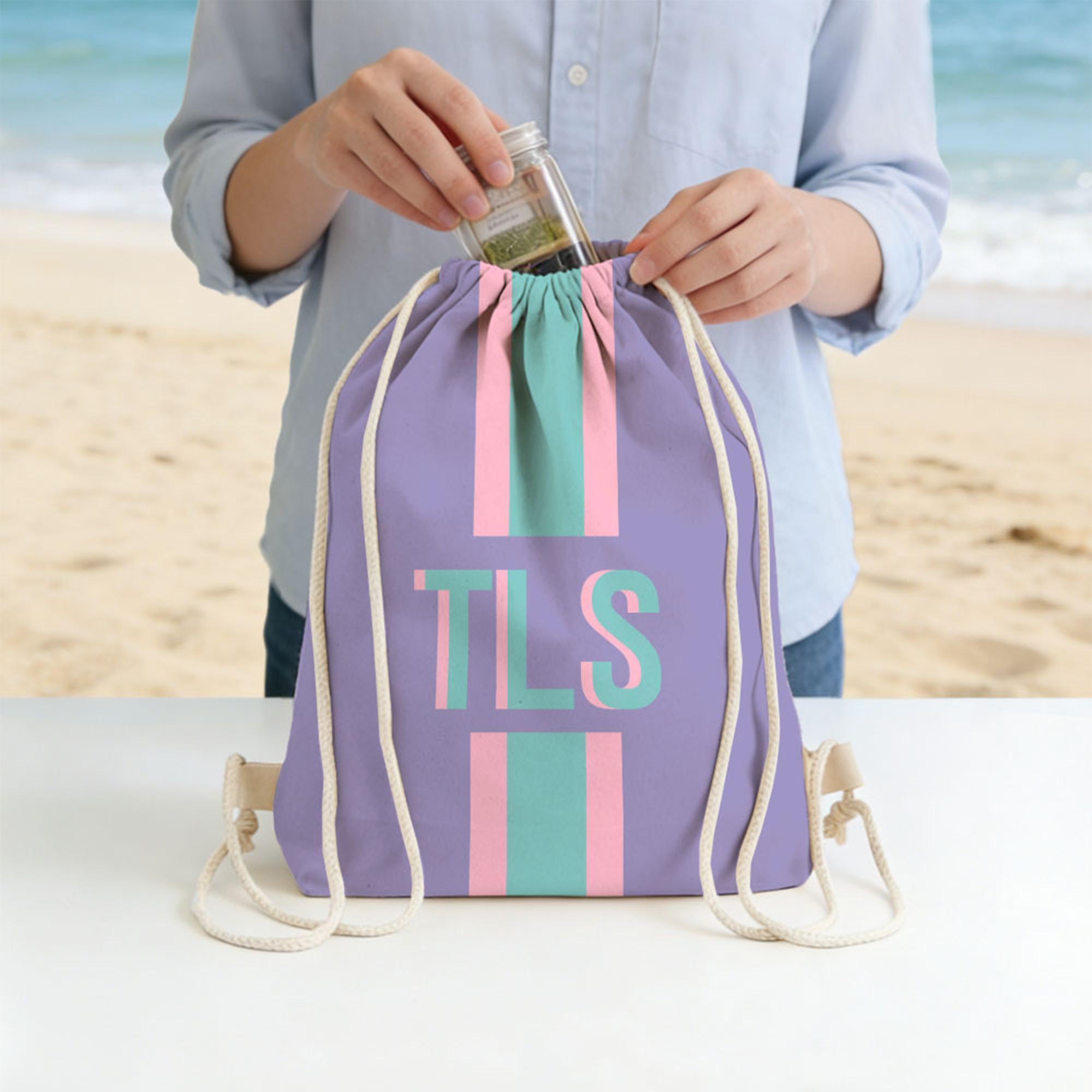 Sac de plage à cordon personnalisé Multicolore Monogramme Rayures Sac de plage à cordon Vacances d'été Voyage Essentiels Cadeau d'anniversaire pour Elle