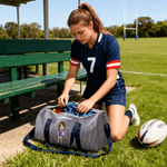 Personalised Cartoon Basketball Soccer Sports Girl Striped Travel Duffel Bag with Name and Shoulder Strap Birthday Gift for Girl Sport Lover