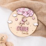 Personalized Teddy Bear Footprints Wooden Baby Announcement Sign with Name and Birth Stats Baby Shower Gift for Newborns Expectant Parents