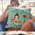 Personalized Cartoon Reading Character Birth Flower Soft Throw Pillow Cover with Name and Quote Home Decor Birthday Gift for Women Girls