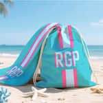 Sac de plage à cordon personnalisé Multicolore Monogramme Rayures Sac de plage à cordon Vacances d'été Voyage Essentiels Cadeau d'anniversaire pour Elle