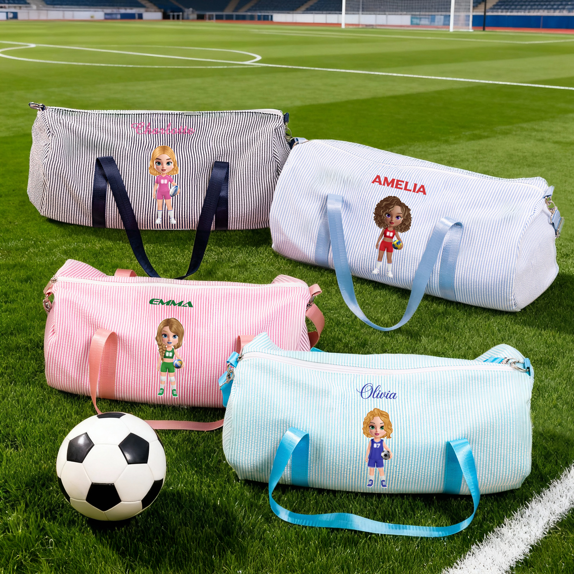Sac de voyage à bandoulière personnalisé avec nom et personnage - Style à rayures - Cadeau d'anniversaire pour femme amatrice du sport