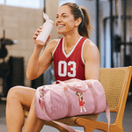 Personalised Cartoon Basketball Soccer Sports Girl Striped Travel Duffel Bag with Name and Shoulder Strap Birthday Gift for Girl Sport Lover