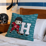 Personalized Cartoon Character Ice Hockey Player Multi-Color Soft Throw Pillow Cover with Name Initial and Number Birthday Gift for Ice Hockey Players