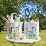 Personalized Bunny Ears Initial Hot Air Balloon Canvas Easter Basket with Name Eggs Hunting Party Easter Gift for Kids
