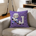 Personalized Cartoon Character Ice Hockey Player Multi-Color Soft Throw Pillow Cover with Name Initial and Number Birthday Gift for Ice Hockey Players