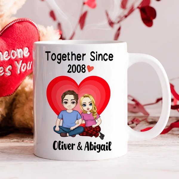 Personalised Together Since Year Heart Cartoon Couple Character 11 oz Ceramic Coffee Mug with Names Anniversary Birthday Gift for Couples