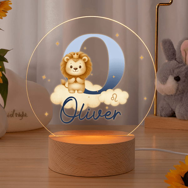 Personalised Cute Cartoon Animal Constellations Acrylic LED Night Light with Initial Name and Wooden Base Nursery Decor Birthday Gift for Boys Girls