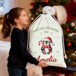Personalized Special Delivery Cute Snowman Drawstring Canvas Gift Bag with Name Christmas Party Gift for Kids Family