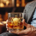 Personalized Golden 3D Badge Funny 67 Design 10 oz Rock Whiskey Glass with Name Old Fashioned Birthday Gift for Man Bartender Whiskey Enthusiast