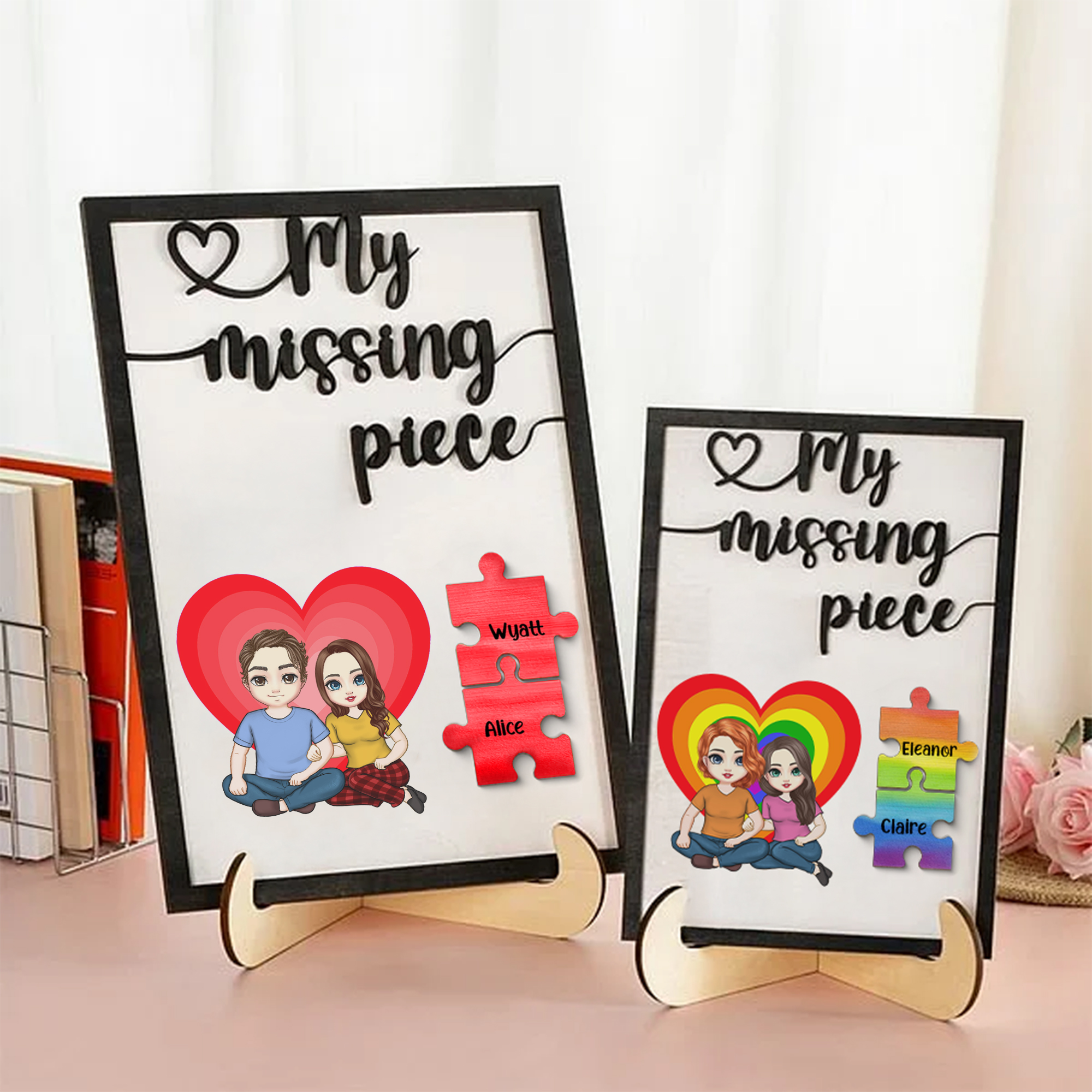 Cadre en bois personnalisé My Missing Piece Cartoon Character Heart Rainbow Wooden Frame Painting with Names Valentine's Day Anniversary Gift for Couple