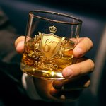 Personalized Golden 3D Badge Funny 67 Design 10 oz Rock Whiskey Glass with Name Old Fashioned Birthday Gift for Man Bartender Whiskey Enthusiast