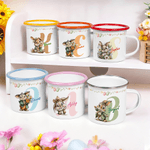 Personalisierte Cartoon Osterhase Initial 12 oz farbigen Rand Emaille-Becher mit Namen Ostern Geschenk für Jungen und Mädchen