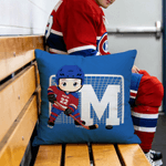 Taie d'oreiller personnalisée en forme de dessin animé de joueur de hockey sur glace avec nom, numéro et initiale Cadeau d'anniversaire pour les amoureux du hockey