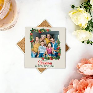 Personalized Red Berries Wreath Memory Photo Square Ceramic Coaster with Text Home Decor Christmas Gift for Friends Family