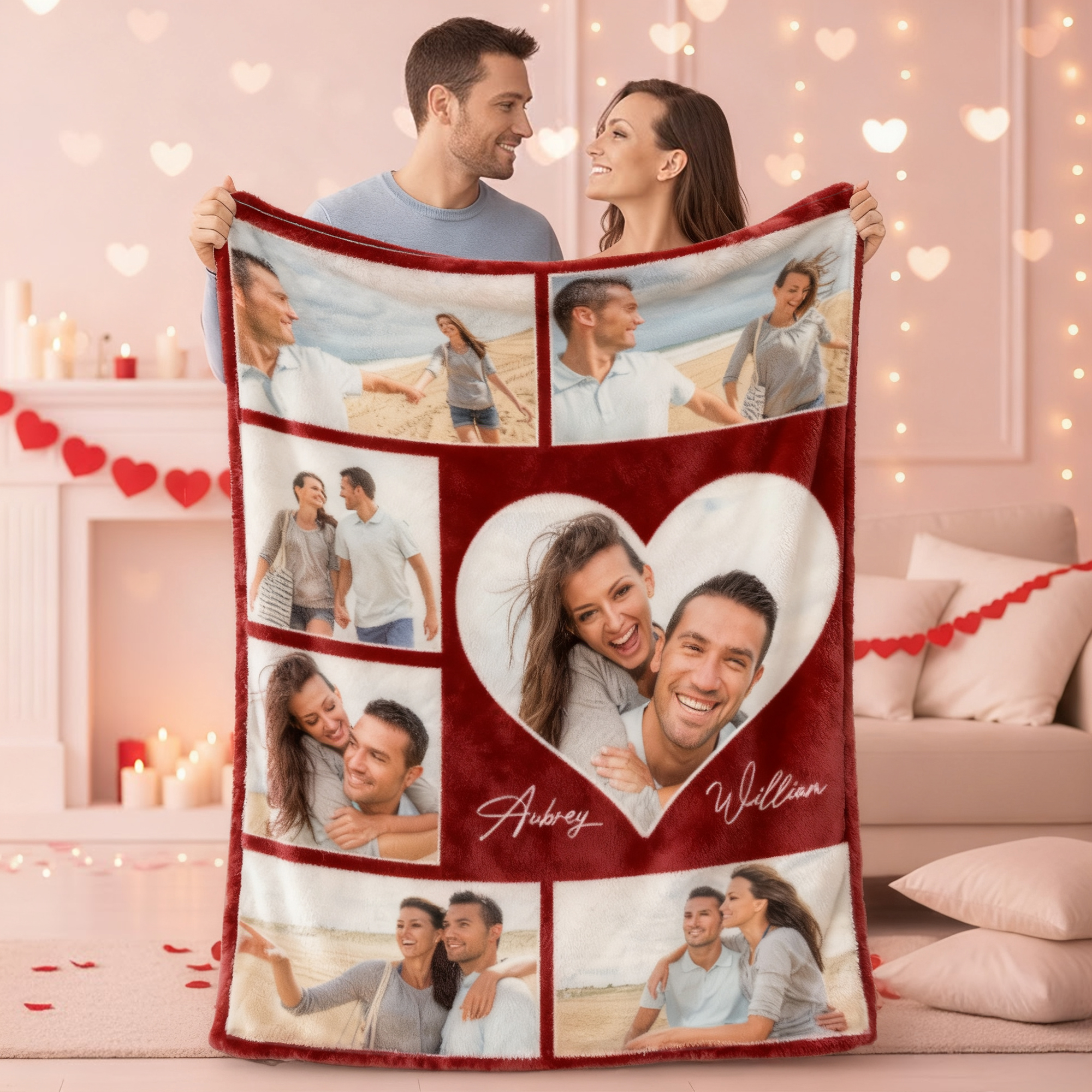 Couverture douce multicolore personnalisée avec 5-9 photos et noms - Cadeau Saint-Valentin anniversaire pour couple