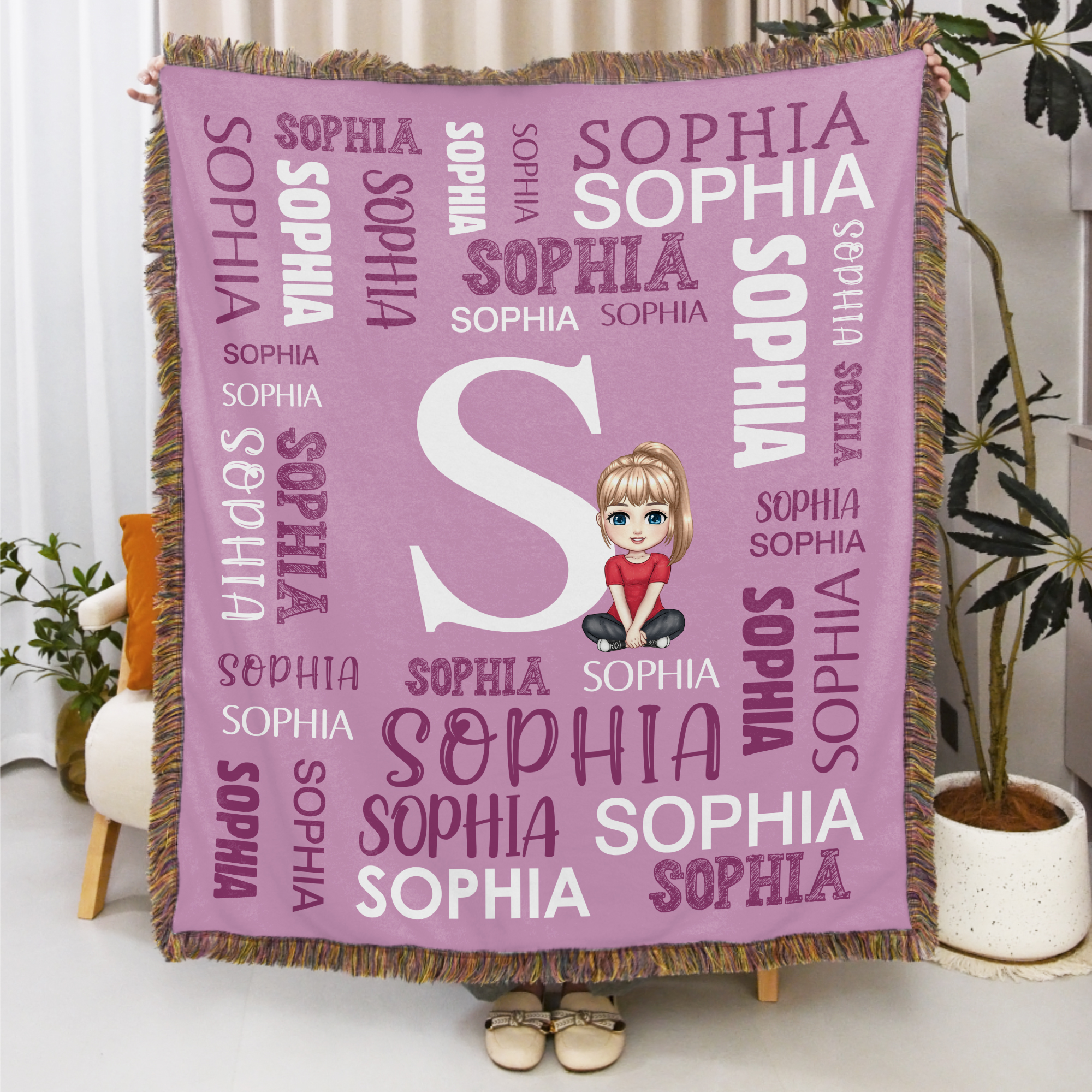 Couverture à pompons personnalisée avec nom et initiales Cadeau d'anniversaire pour enfants Famille