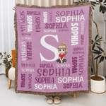Personalised Word Cloud Cartoon Character Soft Tassel Blanket with Name and Initial Home Decor Daily Use Birthday Anniversary Gift for Kids Family