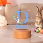 Personalised Cute Easter Bunny Initial Acrylic Night Light with Name and Wooden Base Room Decor Easter Birthday Gift for Kids