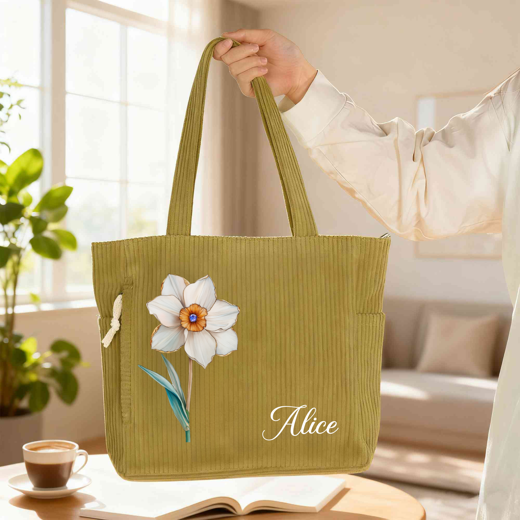 Sac Cabas en Velours Côtelé Personnalisé avec Fleur de Naissance et Nom Accessoire Grande Capacité Cadeau d’Anniversaire pour Femme et Fille