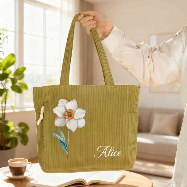 Personalised Birth Flower Corduroy Large Capacity Tote Bag with Name Daily Use Birthday Gift for Her