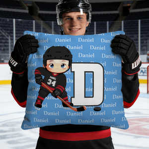 Personalized Cartoon Character Ice Hockey Player Multi-Color Soft Throw Pillow Cover with Name Initial and Number Birthday Gift for Ice Hockey Players