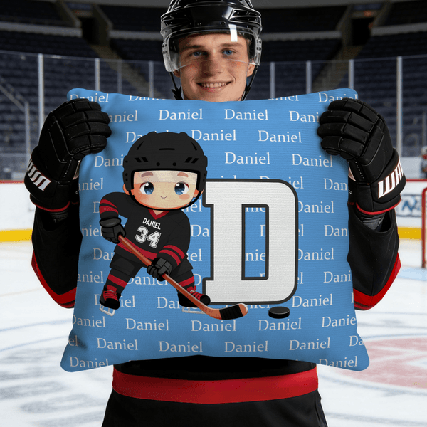 Personalised Cartoon Character Ice Hockey Player Multi-Colour Soft Cushion Cover with Name Initial and Number Birthday Gift for Ice Hockey Players