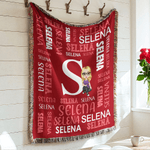 Personalised Word Cloud Cartoon Character Soft Tassel Blanket with Name and Initial Home Decor Daily Use Birthday Anniversary Gift for Kids Family