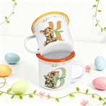 Personalisierte Cartoon Osterhase Initial 12 oz farbigen Rand Emaille-Becher mit Namen Ostern Geschenk für Jungen und Mädchen