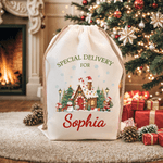 Personalized Special Delivery Cute Snowman Drawstring Canvas Gift Bag with Name Christmas Party Gift for Kids Family