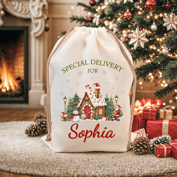Personalized Special Delivery Cute Snowman Drawstring Canvas Gift Bag with Name Christmas Party Gift for Kids Family