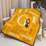 Personalised Word Cloud Cartoon Character Soft Tassel Blanket with Name and Initial Home Decor Daily Use Birthday Anniversary Gift for Kids Family