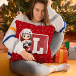 Taie d'oreiller personnalisée en forme de dessin animé de joueur de hockey sur glace avec nom, numéro et initiale Cadeau d'anniversaire pour les amoureux du hockey