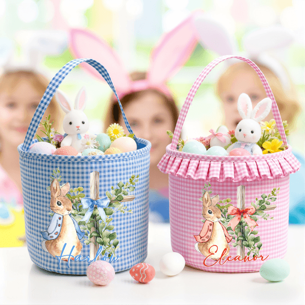 Personalized Cute Peter Rabbit Cross Bow  Plaid Easter Basket with Name Easter Egg Hunt Easter Gift for Boys Girls