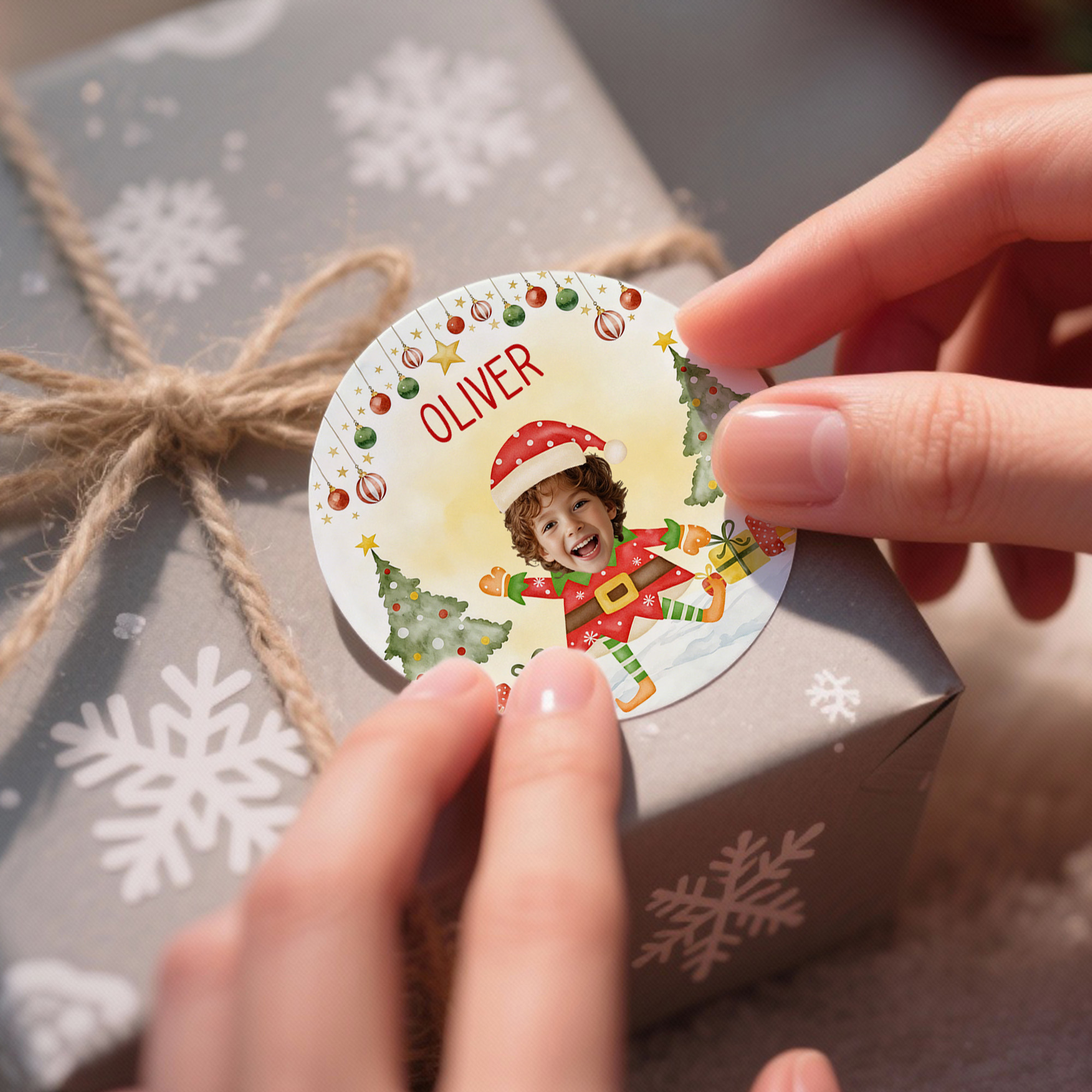 Lot de 2 étiquettes autocollantes imperméables avec nom et photo Décoration de Noël pour la famille et les enfants