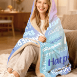 Personalized Colorful Gradient Word Cloud Soft Hooded Blanket with Name Birthday Gift for Kids Adults