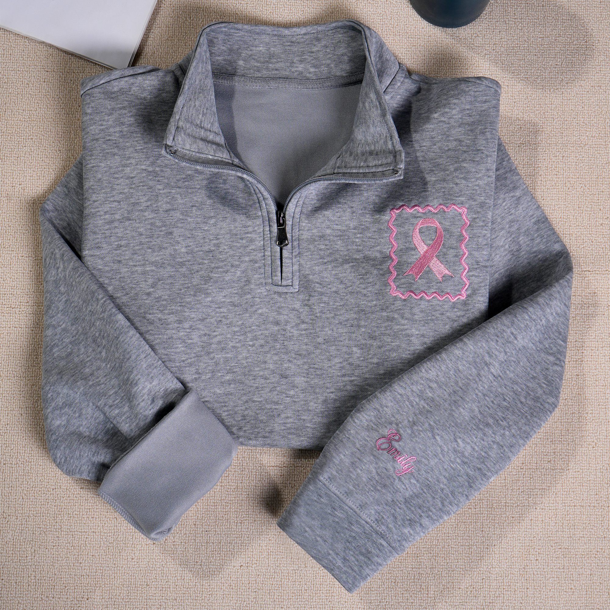 Sweatshirt à capuche à fermeture éclair avec nom Cadeau de sensibilisation au cancer du sein pour les survivants du cancer