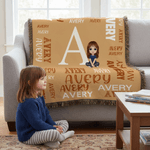 Personalised Word Cloud Cartoon Character Soft Tassel Blanket with Name and Initial Home Decor Daily Use Birthday Anniversary Gift for Kids Family