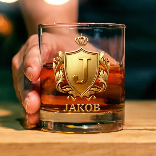 Personalisiertes 300ml Whiskey-Glas im Goldenen 3D-Wappen-Design mit Namen und Initiale Vatertag Weihnachten Geschenk für Herren Papa Whisky-Liebhaber